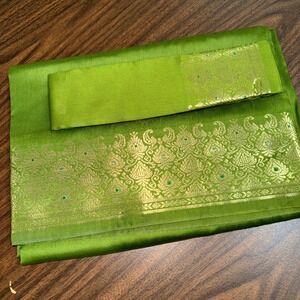 NEW Indian Womens Brocade ART/Artificial Silk Sari SAREE Olive Green w/Blouse